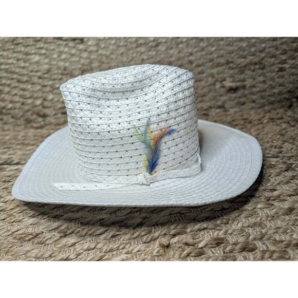 Vintage Rockmount Ranch Wear White Straw Cowboy Hat Feathers Size 7 3/8 Cowgirl main image 4